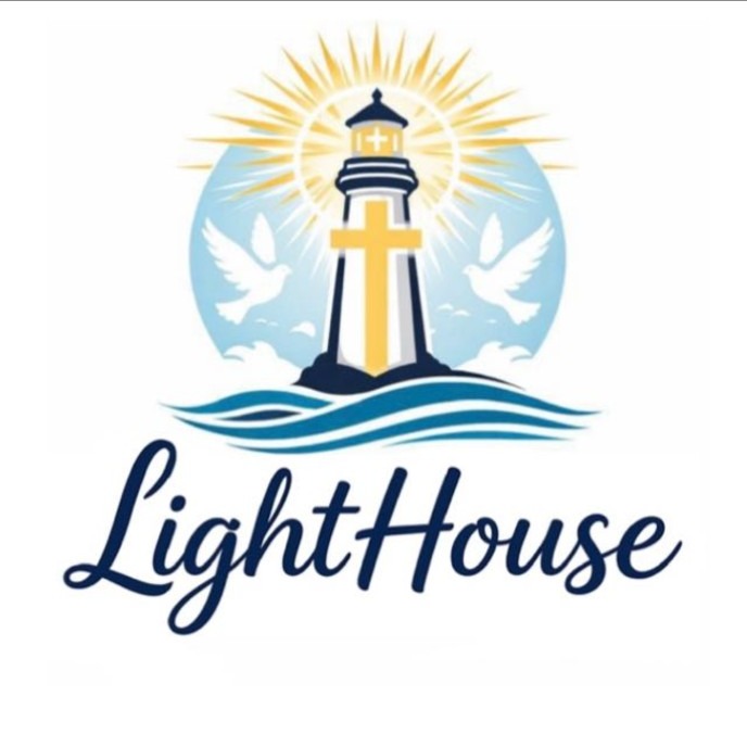 Lighthouse logo met kruis, duiven en golven